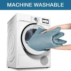 White washing machine with a person holding a blue glove above it, labeled 'Machine Washable'.