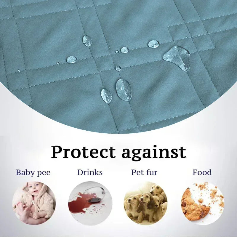 Textured blue mat with water droplets and icons indicating protection against baby pee, drinks, pet fur, and food.