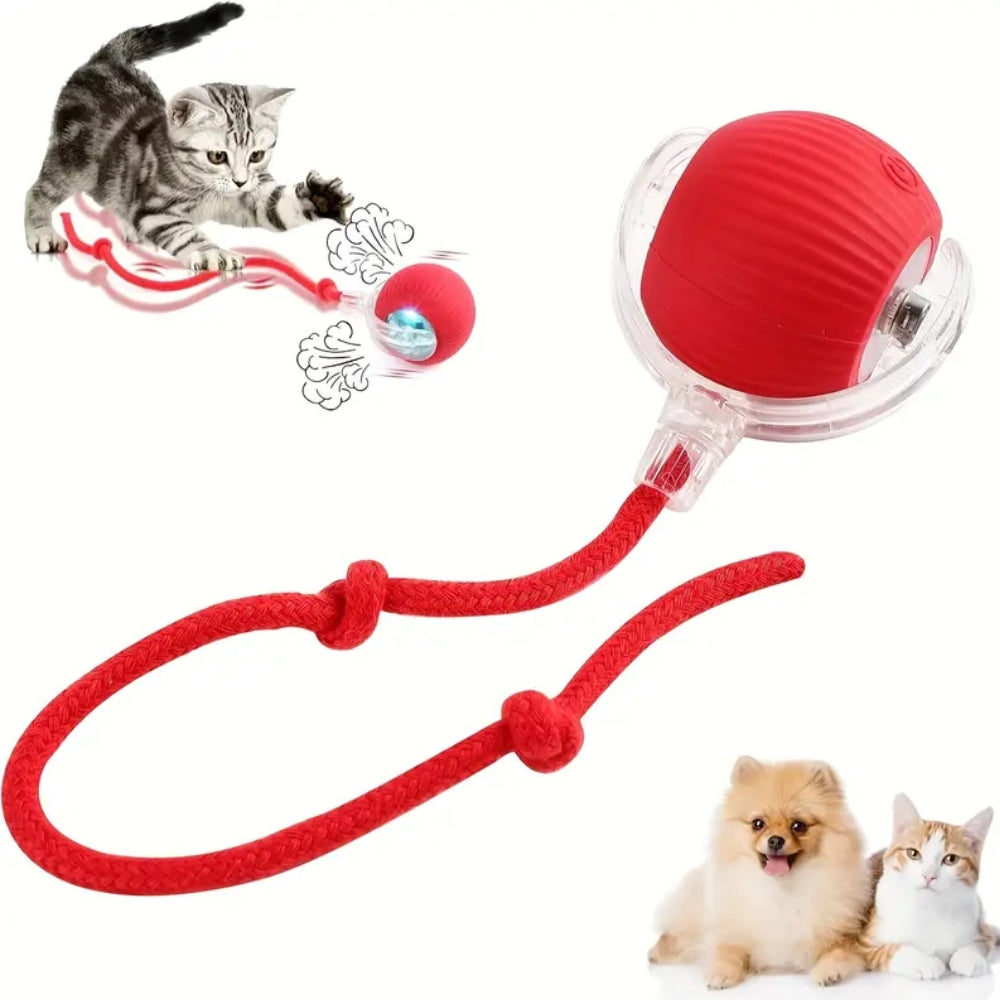 Red cat toy with a rope and ball, featuring a cat, dog, and cat in the background.