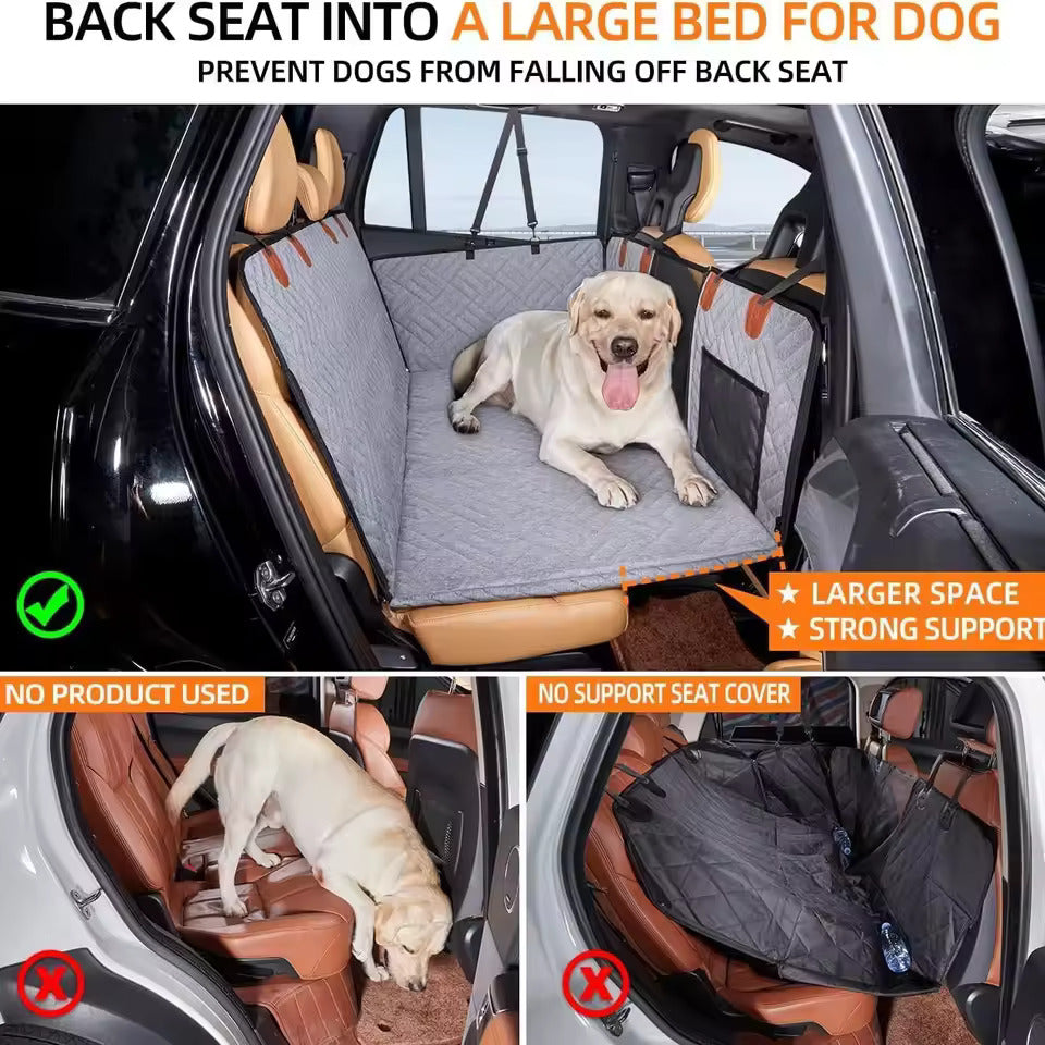 Dog sitting on a car seat cover with text highlighting features and benefits